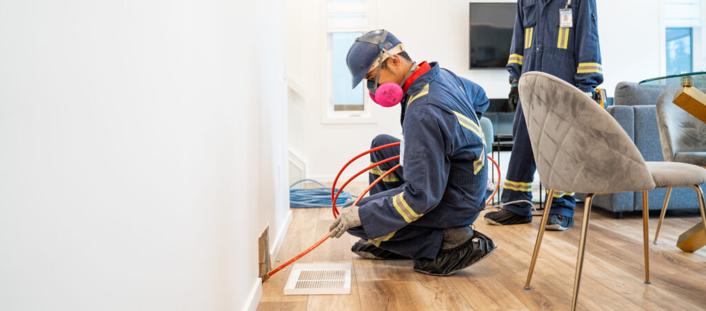 An Alberta Furnace Cleaning technician in a clean, sharp uniform cleaning the ducts of a customers' home. 